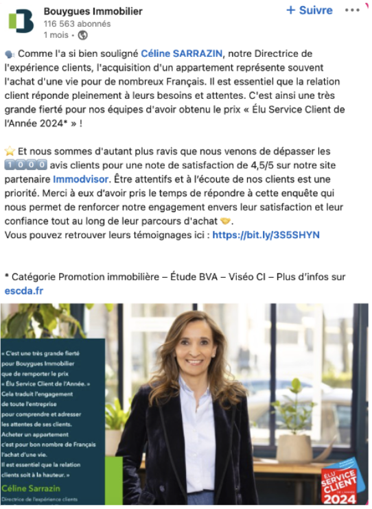 Exemple d’un post LinkedIn de Bouygues Immobilier mettant en avant un avis client