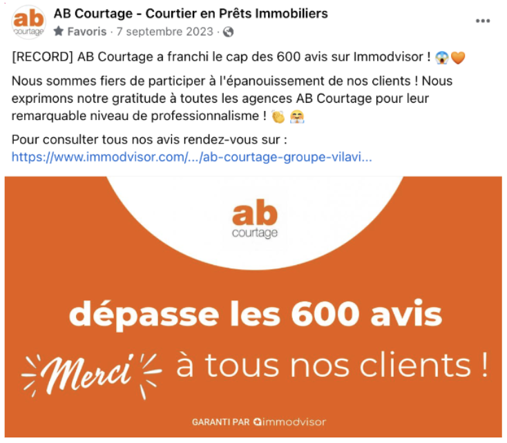 Exemple d’un post Facebook de AB Courtage mettant en avant le nombre d’avis clients collectés