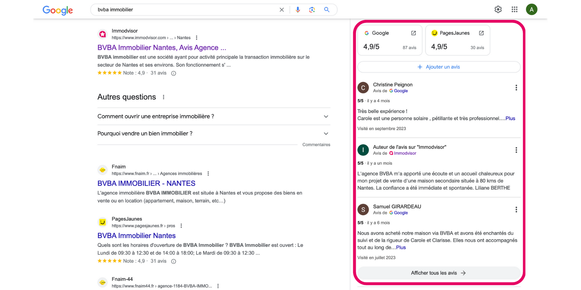 avis clients sur Google
