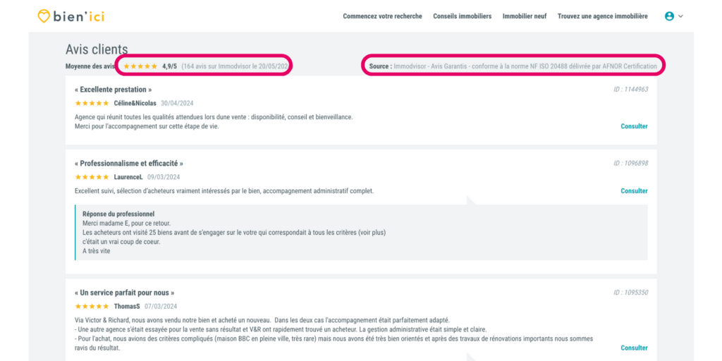 Exemple de multidiffusion des avis immodvisor sur la fiche et les annonces de Victor & Richard sur Bien’ici
