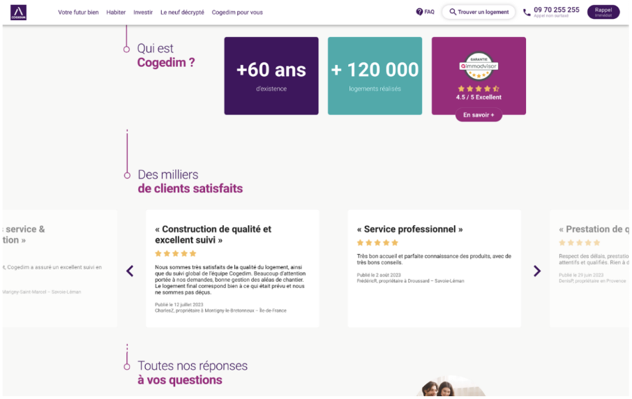 Affichage du taux de satisfaction des clients et des avis clients immodvisor sur le site Internet de Cogedim