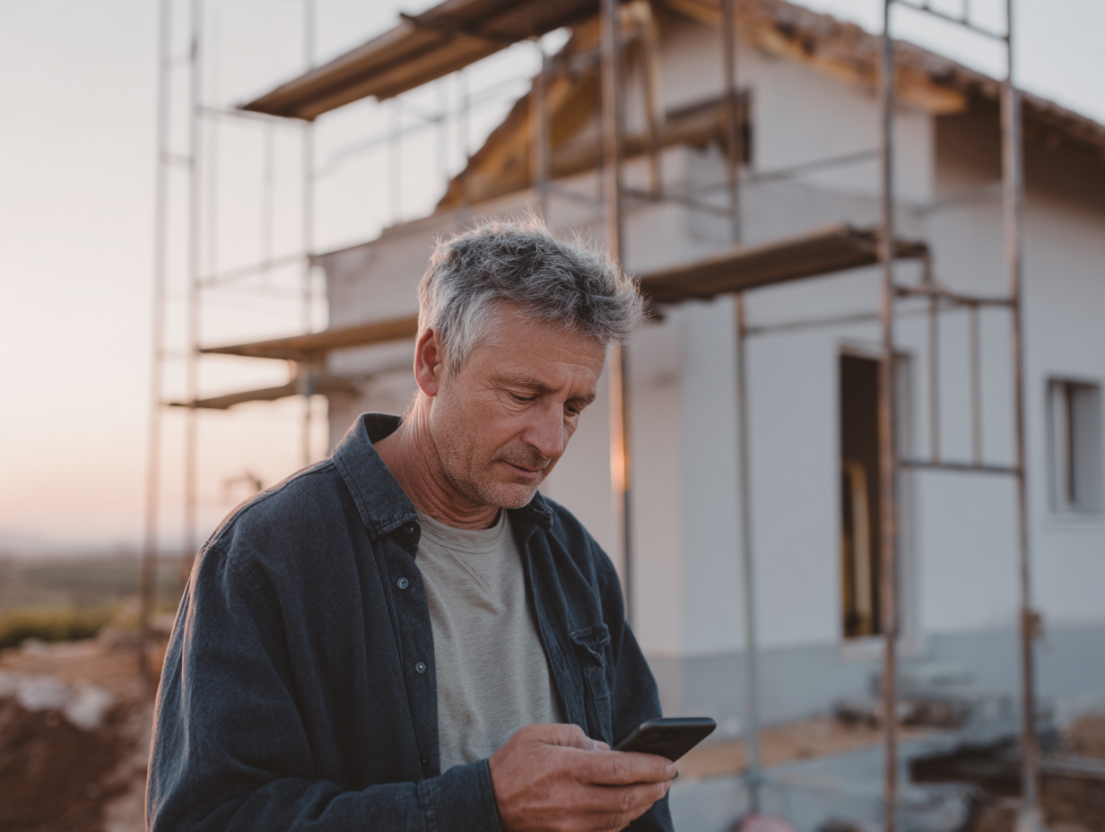 Homme exterieur telephone maison en construction