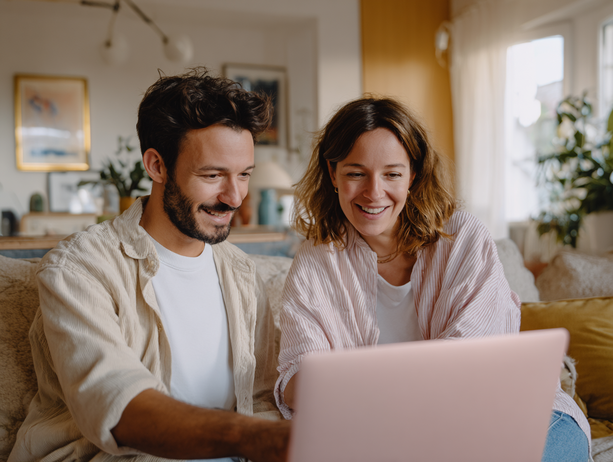 couple canape salon devant son ordinateur