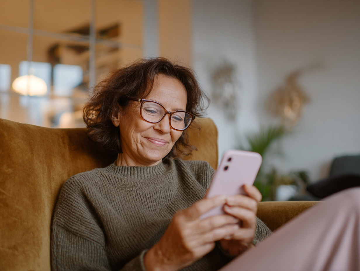 Femme assise dans son canape sur son telephone
