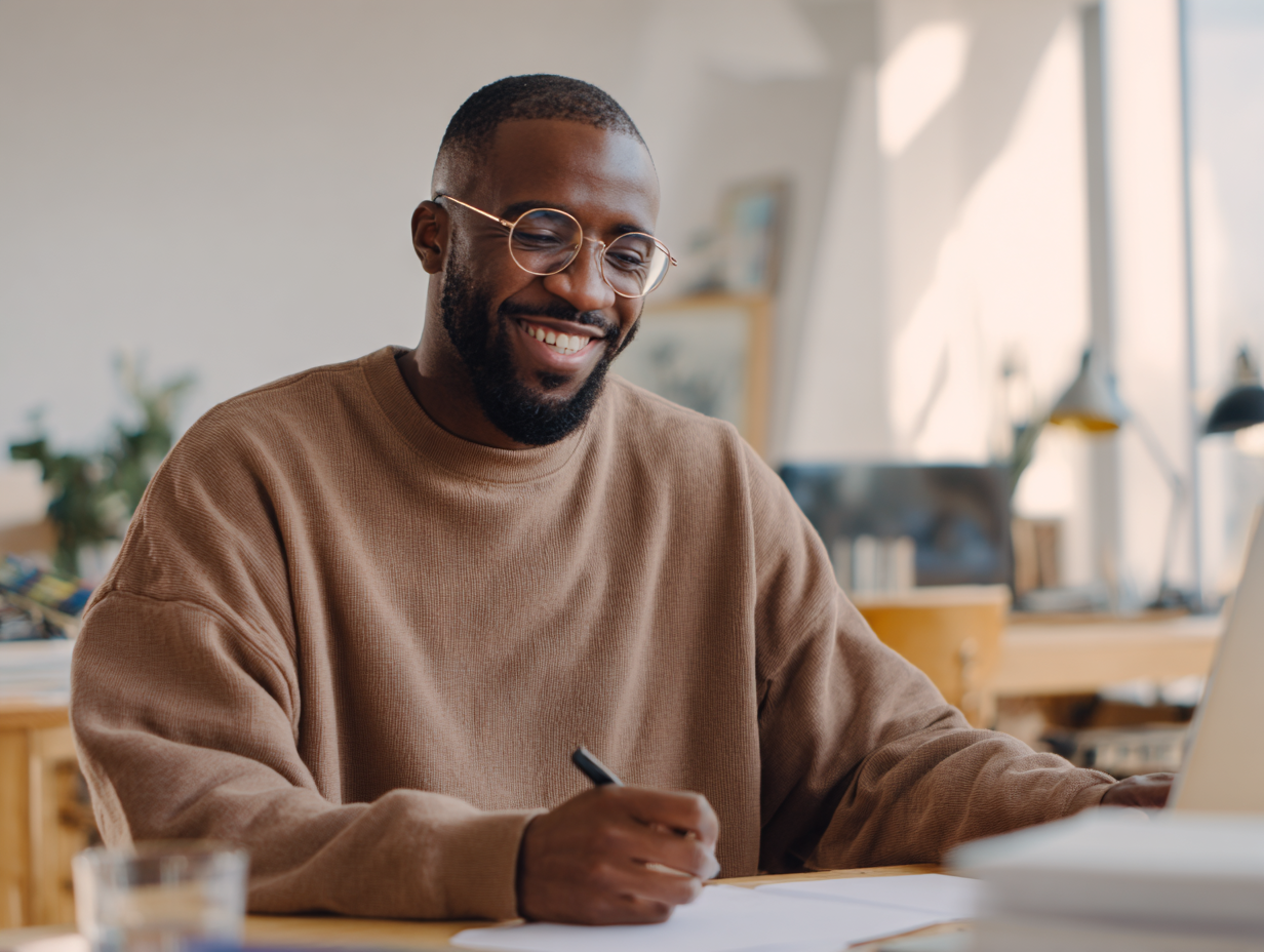Homme qui ecrit a son bureau