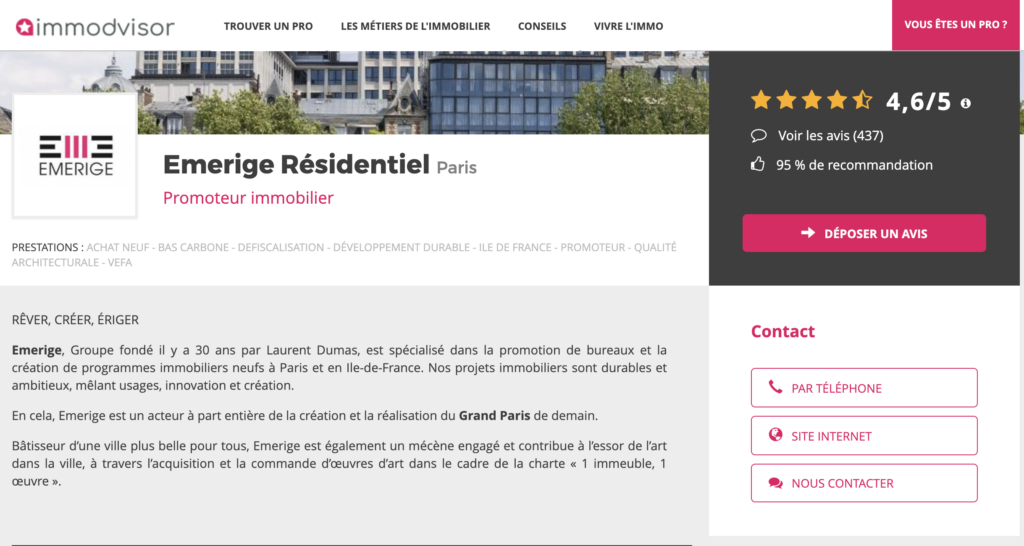 Exemple de la page d’un client de la solution immodvisor sur le site immodvisor.com