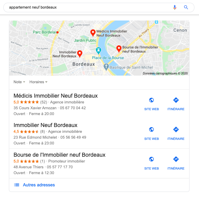 Exemple d’un résultat Pack Local pour la recherche “appartement neuf bordeaux”
