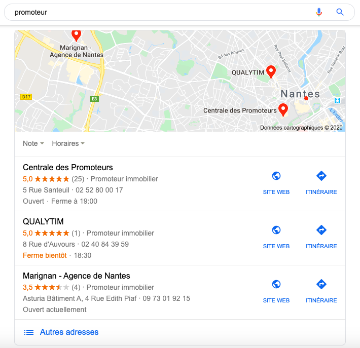 Exemple d’un résultat Pack Local pour la recherche “promoteur”