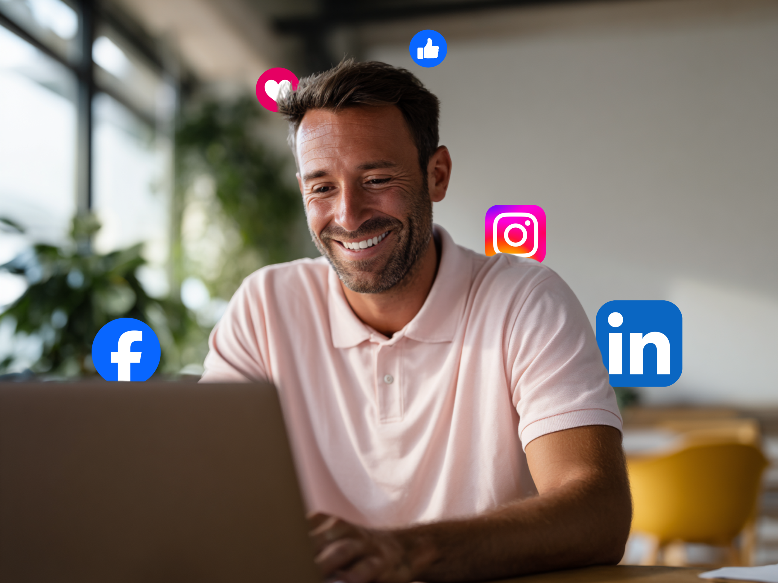 Un homme qui regarde son ordinateur avec des pictogrammes de réseaux sociaux