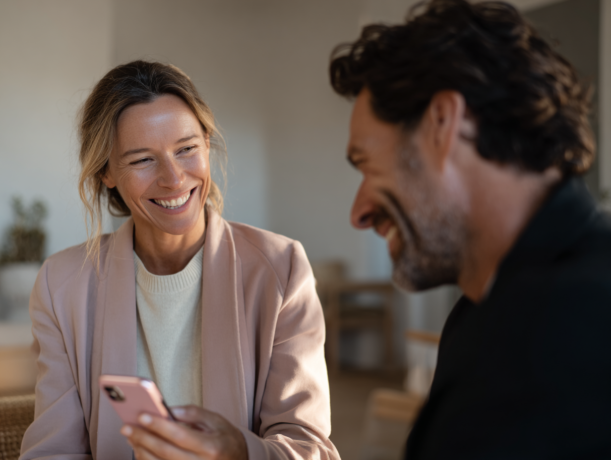 Une femme avec un téléphone dans la main parle à un homme