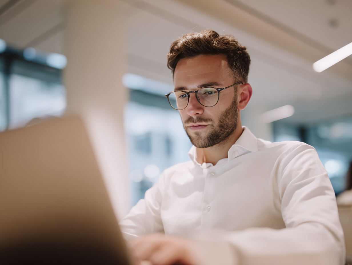 Un homme en chemise blanche devant son ordinateur